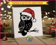 Black image of a silhouette of a big-eyed, feather-fluffed owl perched proudly on a branch, wearing a bright red Santa hat with soft white trim. The bold, clean lines give this festive owl SVG a striking, magical Christmas look.