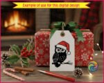 Black image of a silhouette of a big-eyed, feather-fluffed owl perched proudly on a branch, wearing a bright red Santa hat with soft white trim. The bold, clean lines give this festive owl SVG a striking, magical Christmas look.