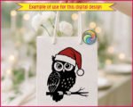 Black image of a silhouette of a big-eyed, feather-fluffed owl perched proudly on a branch, wearing a bright red Santa hat with soft white trim. The bold, clean lines give this festive owl SVG a striking, magical Christmas look.