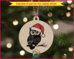 Black image of a silhouette of a big-eyed, feather-fluffed owl perched proudly on a branch, wearing a bright red Santa hat with soft white trim. The bold, clean lines give this festive owl SVG a striking, magical Christmas look.