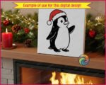 Image of a silhouette of a cute penguin wearing a Santa hat, standing upright with bright eyes, rounded belly, smooth black-and-white feathers and a fluffy red Christmas hat tipped with white trim.