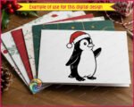 Image of a silhouette of a cute penguin wearing a Santa hat, standing upright with bright eyes, rounded belly, smooth black-and-white feathers and a fluffy red Christmas hat tipped with white trim.