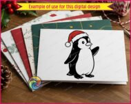 Image of a silhouette of a cute penguin wearing a Santa hat, standing upright with bright eyes, rounded belly, smooth black-and-white feathers and a fluffy red Christmas hat tipped with white trim.