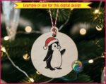 Image of a silhouette of a cute penguin wearing a Santa hat, standing upright with bright eyes, rounded belly, smooth black-and-white feathers and a fluffy red Christmas hat tipped with white trim.