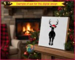 Black image of a silhouette of a reindeer standing tall, facing forward, with large detailed antlers and a smooth, sleek body. The reindeer wears a bright red Santa hat trimmed with fur and a pom-pom, adding a festive Christmas touch.