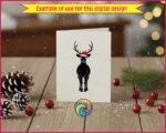 Black image of a silhouette of a reindeer standing tall, facing forward, with large detailed antlers and a smooth, sleek body. The reindeer wears a bright red Santa hat trimmed with fur and a pom-pom, adding a festive Christmas touch.