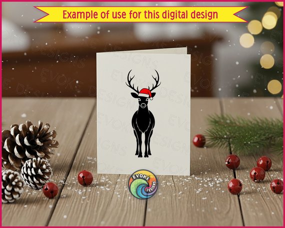 Black image of a silhouette of a reindeer standing tall, facing forward, with large detailed antlers and a smooth, sleek body. The reindeer wears a bright red Santa hat trimmed with fur and a pom-pom, adding a festive Christmas touch.