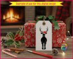 Black image of a silhouette of a reindeer standing tall, facing forward, with large detailed antlers and a smooth, sleek body. The reindeer wears a bright red Santa hat trimmed with fur and a pom-pom, adding a festive Christmas touch.