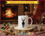 Black image of a silhouette of a reindeer standing tall, facing forward, with large detailed antlers and a smooth, sleek body. The reindeer wears a bright red Santa hat trimmed with fur and a pom-pom, adding a festive Christmas touch.