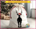 Black image of a silhouette of a reindeer standing tall, facing forward, with large detailed antlers and a smooth, sleek body. The reindeer wears a bright red Santa hat trimmed with fur and a pom-pom, adding a festive Christmas touch.