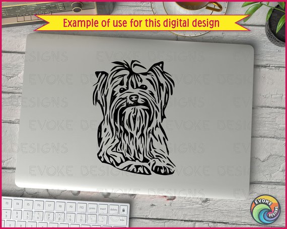 Silhouette of a yorkshire terrier with a small and slightly rounded head, a short muzzle, dark sparkling eyes, a button nose, and V-shaped slightly tipped ears.