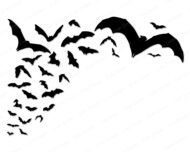 Silhouette of a flock of bats in flight, featuring multiple bat shapes in various sizes and wing positions. The design shows bats swooping and soaring across the image, with detailed pointed wings and curved bodies. The composition creates a dynamic swarm of flying bats, arranged in a scattered yet flowing formation.