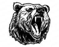Silhouette of a grizzly bear design with a large, broad head with small rounded ears, a powerful jaw, a pronounced snout, and deep-set eyes. Fierce yet majestic.