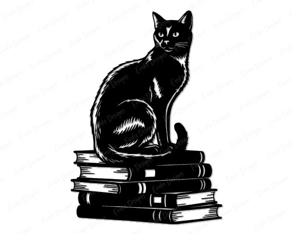 Black silhouette image of a cat sitting gracefully on a stack of books, rendered in a bold silhouette style. The cat’s sleek fur, curved tail, and poised posture create a striking, detailed design that stands out beautifully. The cat is sitting on five large hardcover books.