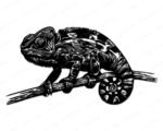 Black silhouette image of a chameleon perched on a branch, featuring intricate textured lines that highlight its curled tail, curved body, and distinctive eyes.