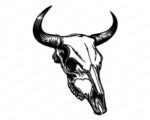 Silhouette image of a bull or cow skull with long, curved horns and intricate linework highlighting the bone structure. The skull is symmetrical with deep hollows for the eyes and a narrow elongated nose. Bold outlines and sharp contrasts give it a realistic yet stylised look, capturing a rugged Western and rustic style.