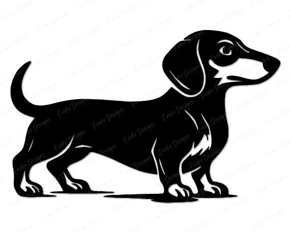 Black silhouette image of a dachshund with a long body, short legs, and floppy ears. The wiener sausage dog's playful stance captures its lively spirit.
