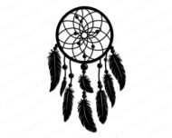 Silhouette image of a dreamcatcher featuring a beautifully detailed circular web with an intricate spiral center and evenly spaced connecting strands. Hanging below are elegant feathers and round beads that sway from delicate strings, creating a balanced, flowing design. Each feather is finely detailed, giving the piece a graceful, airy look reminiscent of traditional dreamcatcher artistry and bohemian charm.