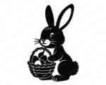 Silhouette of a bunny rabbit sitting bright-eyed and cheerful, holding a woven basket packed with charming Easter eggs. Soft whiskers, sweet paws, fluffy tail, and bold silhouette lines give this bunny-with-easter-eggs design a warm spring sparkle.