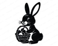 Silhouette of a bunny rabbit sitting bright-eyed and cheerful, holding a woven basket packed with charming Easter eggs. Soft whiskers, sweet paws, fluffy tail, and bold silhouette lines give this bunny-with-easter-eggs design a warm spring sparkle.