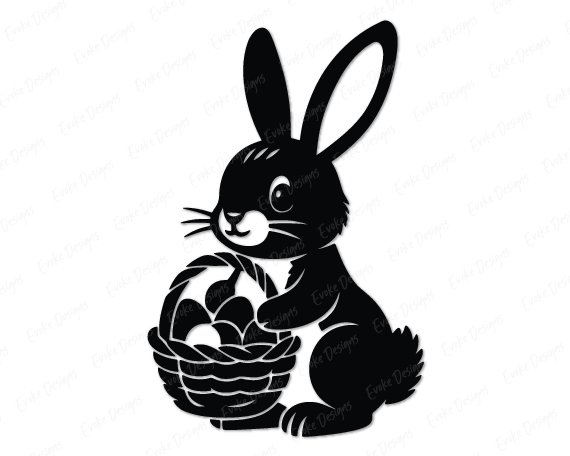 Silhouette of a bunny rabbit sitting bright-eyed and cheerful, holding a woven basket packed with charming Easter eggs. Soft whiskers, sweet paws, fluffy tail, and bold silhouette lines give this bunny-with-easter-eggs design a warm spring sparkle.