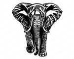 Silhouette of a elephant with big ears, a long wrinkled trunk, curved tusks, thick wrinkled skin and sturdy legs.