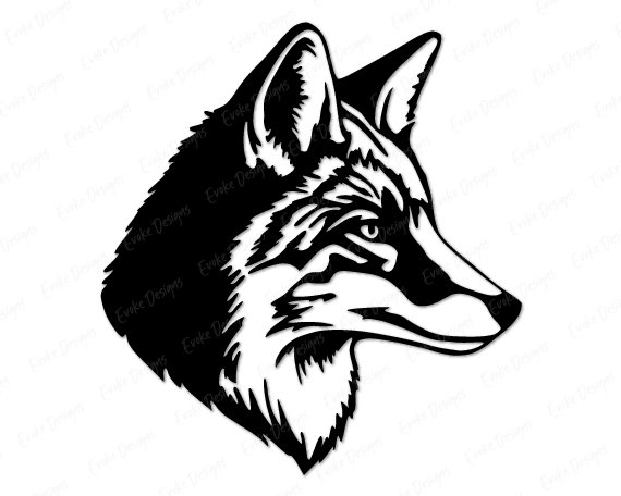 Silhouette image of a fox head with sharp, detailed features. The design captures the fox’s intelligent eyes, pointed ears, and sleek fur in a clean, high-contrast style. The animal's crisp, smooth lines and striking likeness give it a strong, realistic look.