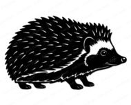Silhouette image of a cute little hedgehog with detailed quills, a rounded body, and a cute smiling face. Its spiky back contrasts with smooth lines for the legs and snout, creating a bold silhouette.