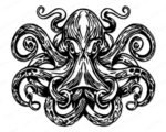 Black silhouette image of a octopus with a symmetrical design. The octopus has a large rounded head with detailed linework and intense eyes. Its swirling tentacles extend outward in intricate curves, featuring suction cup patterns and textured shading. The overall design is highly detailed, ornate, and striking in a vector-style design.