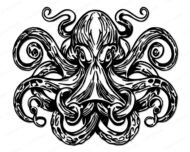 Black silhouette image of a octopus with a symmetrical design. The octopus has a large rounded head with detailed linework and intense eyes. Its swirling tentacles extend outward in intricate curves, featuring suction cup patterns and textured shading. The overall design is highly detailed, ornate, and striking in a vector-style design.