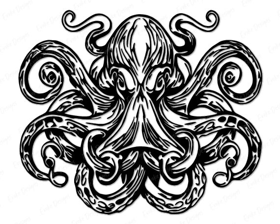Black silhouette image of a octopus with a symmetrical design. The octopus has a large rounded head with detailed linework and intense eyes. Its swirling tentacles extend outward in intricate curves, featuring suction cup patterns and textured shading. The overall design is highly detailed, ornate, and striking in a vector-style design.