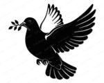 Black silhouette image of a graceful peace dove soaring with wings wide open, carrying a delicate olive branch as a timeless symbol of peace, hope, and harmony. The bold silhouette features smooth flowing wings, soft feather curves, and a calm, gentle expression. Strong contrast and clean lines give this dove a classic, elegant look that feels both powerful and peaceful.