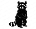 Black silhouette image of a playful raccoon standing upright with a cheeky grin and its signature masked face, showing off that mischievous, curious personality raccoons are known for. Its fluffy tail and clever stance make it look ready to sneak a snack or cause a little harmless trouble.