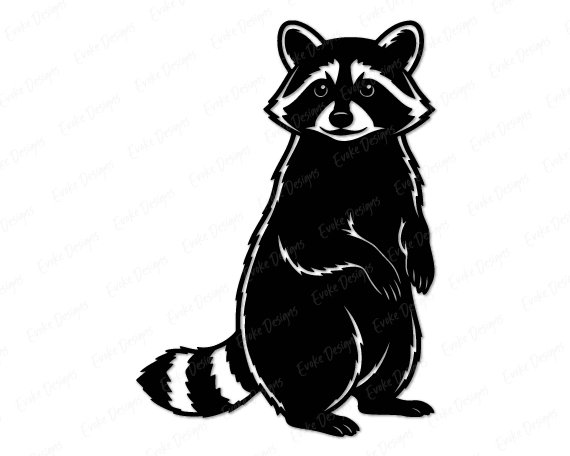 Black silhouette image of a playful raccoon standing upright with a cheeky grin and its signature masked face, showing off that mischievous, curious personality raccoons are known for. Its fluffy tail and clever stance make it look ready to sneak a snack or cause a little harmless trouble.