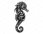 Silhouette of a seahorse with intricate tribal-style detailing. The seahorse features a curled tail, segmented body, spiky crest, and textured fins. Bold lines and decorative patterns emphasize the elegant shape of the seahorse, giving it a striking, ornamental, and symmetrical appearance.