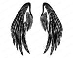 Black silhouette image of a majestic pair of large, feathery angel wings, elegantly arched, with soft, layered plumage that glows with ethereal grace and divine beauty.