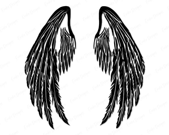 Black silhouette image of a majestic pair of large, feathery angel wings, elegantly arched, with soft, layered plumage that glows with ethereal grace and divine beauty.