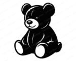 Black silhouette image of a sweet teddy bear sitting with a gentle smile and a cozy, cuddly shape that feels warm and friendly. Rounded ears, chubby paws, and soft curves give this teddy bear a classic storybook look. The bold silhouette is clean and smooth, with simple highlights that make the bear feel plush and lovable. Its seated pose feels calm and comforting, like a favorite childhood toy waiting for a hug.