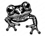 Black silhouette image of a tree frog with sweet face, long legs, and outstretched toes ending in circular pads. The frog is in a climbing pose, with its limbs spread and head slightly raised. Its large eyes and distinctive toes create a bold, clear shape.
