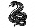 Black silhouette image of a coiled snake with detailed scales and bold linework. The snake has an open mouth, sharp fangs, and a forked tongue extending outward. Its curved body forms an intricate pattern, with striking scale textures along the length of its body, creating a fierce and powerful reptile design.