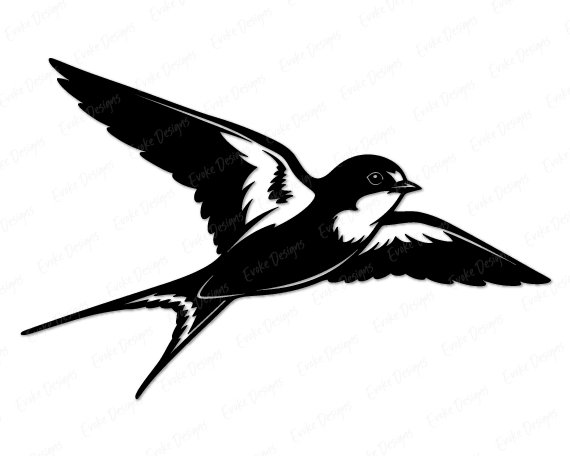 Silhouette image of a graceful swallow in mid-flight, wings spread wide and tail feathers forked. The bold contrast highlights the bird’s streamlined body, pointed wings, and delicate beak, capturing a sense of motion and freedom.