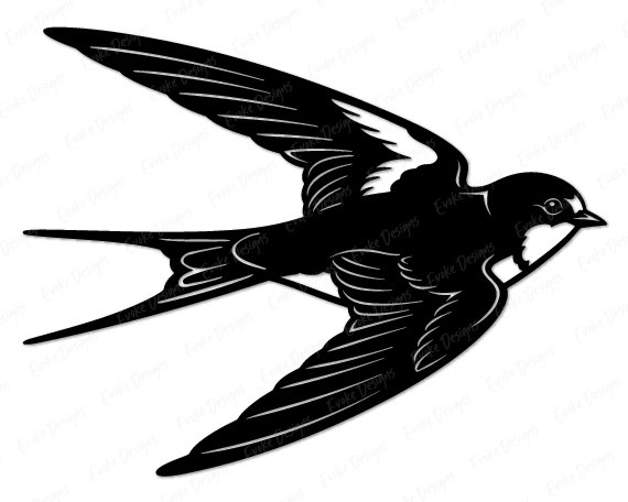 Silhouette of a flying swallow with wide open wings, smooth feather details, a bright rounded eye, and a classic forked swallow tail that gives it a timeless, vintage look. Bold contrast lines highlight each curve, making this swallow silhouette crisp, charming, and easy to cut.