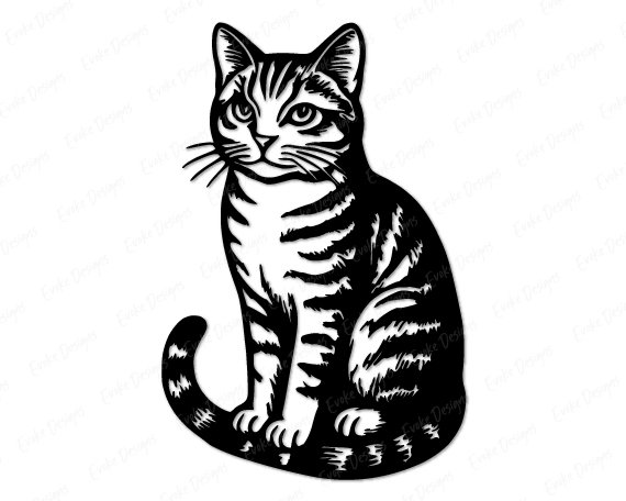 Sitting tabby cat with detailed fur stripes, expressive eyes, pointed ears, and a gently curled tail.