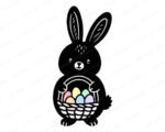 Black silhouette image of an adorable Easter bunny full of springtime charm. The bunny has tall floppy ears, a round chubby body, and a sweet little face that feels friendly and playful. It holds a woven basket packed with colorful Easter eggs, each one softly rounded and cheerful. The bold silhouette is accented with simple details, giving it a cute folk-art look that pops beautifully.