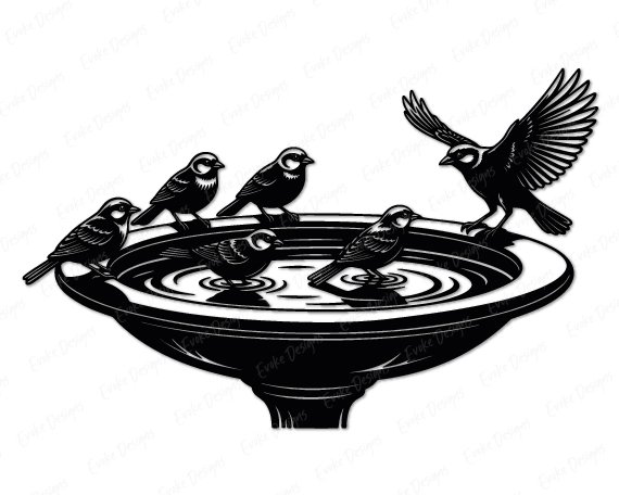 A lively gathering of sparrows perching, splashing, and fluttering around a classic bird bath, each tiny feather and gentle ripple drawn in bold silhouette style. The nature-inspired details give this scene a calm, garden-wildlife charm filled with sweet sparrow energy.