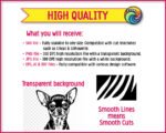 Silhouette image of a adorable chihuahua dog, featuring large upright ears, wide expressive eyes, a short muzzle, and a small compact body. Clean bold outlines capture the chihuahua’s distinctive alert stance and fine facial details.