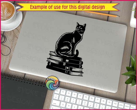 Black silhouette image of a cat sitting gracefully on a stack of books, rendered in a bold silhouette style. The cat’s sleek fur, curved tail, and poised posture create a striking, detailed design that stands out beautifully. The cat is sitting on five large hardcover books.