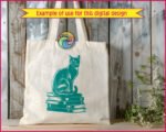 Black silhouette image of a cat sitting gracefully on a stack of books, rendered in a bold silhouette style. The cat’s sleek fur, curved tail, and poised posture create a striking, detailed design that stands out beautifully. The cat is sitting on five large hardcover books.