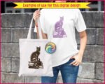 Black silhouette image of a cat sitting gracefully on a stack of books, rendered in a bold silhouette style. The cat’s sleek fur, curved tail, and poised posture create a striking, detailed design that stands out beautifully. The cat is sitting on five large hardcover books.