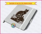 Black silhouette image of a cat sitting gracefully on a stack of books, rendered in a bold silhouette style. The cat’s sleek fur, curved tail, and poised posture create a striking, detailed design that stands out beautifully. The cat is sitting on five large hardcover books.